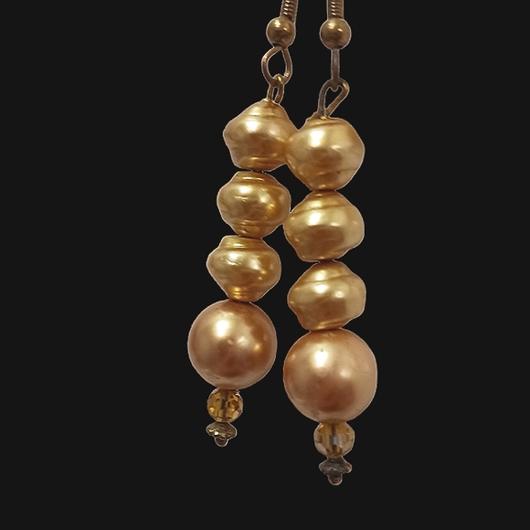 Gold Pearls 1.5" Dangle Earrings Faux REALISTIC Elegant w Svorovswky Crystals - Picture 3 of 10